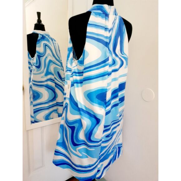 Premier Amour Blue White Prints Halter Fully Lined Cocktail Dress S10 NWT $79 - Picture 7 of 13